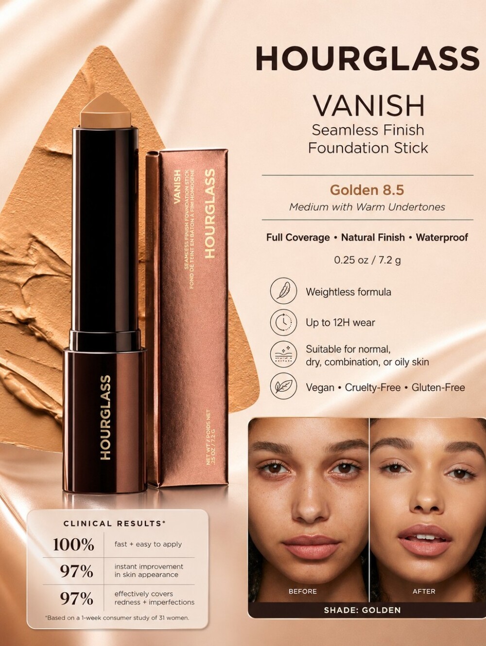 Hourglass Vanish Seamless Finish Foundation Stick – Golden 8.5